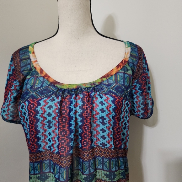 VALERIE STEVENS Sheer Geometric Multicolor Short Sleeve Lace Blouse XL - Picture 7 of 16